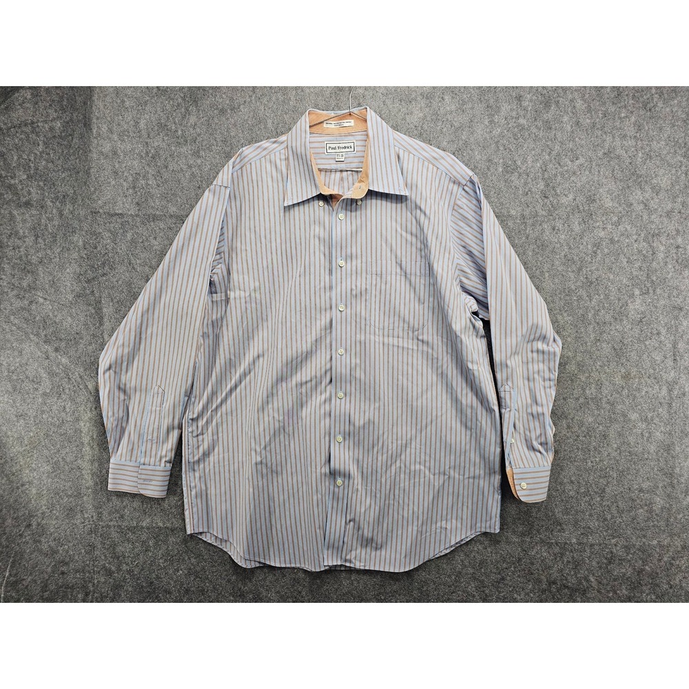 Paul Fredrick Mens Blue Orange Striped Non-Iron Cotton Dress Shirt 17.5-35